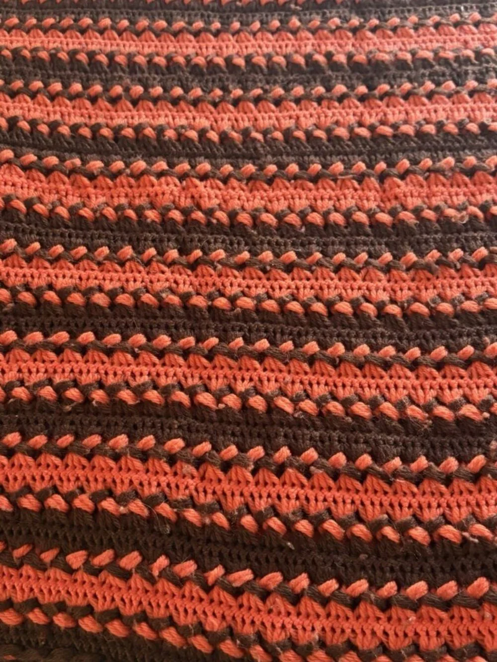 Vintage Hand Made Orange And Brown Striped Afghan Blanket 62”x68”